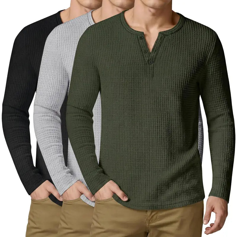 3 Pack Mens Waffle Henley Shirts