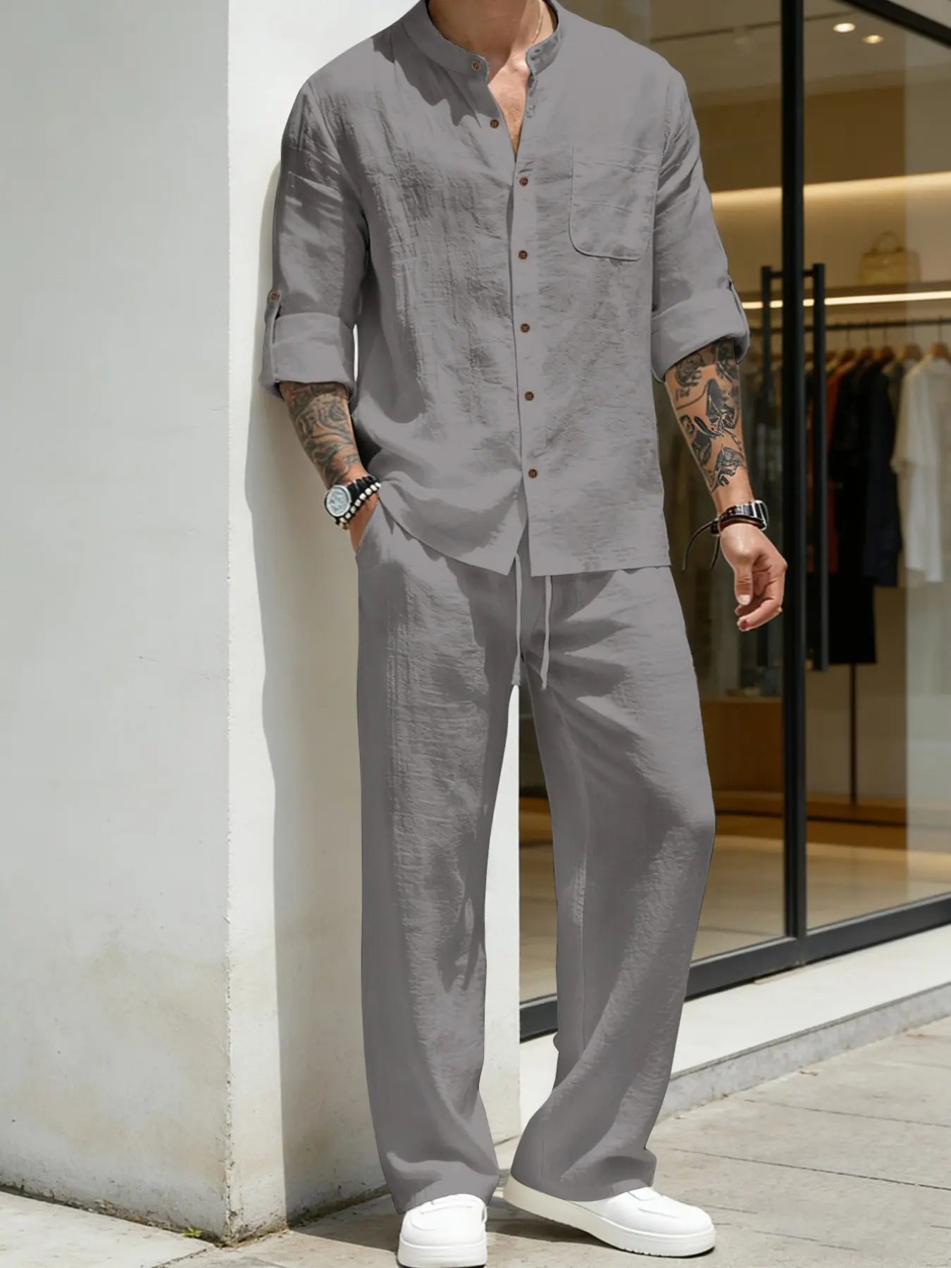 Coastal Linen Grandad Collar Shirt & Pants Set