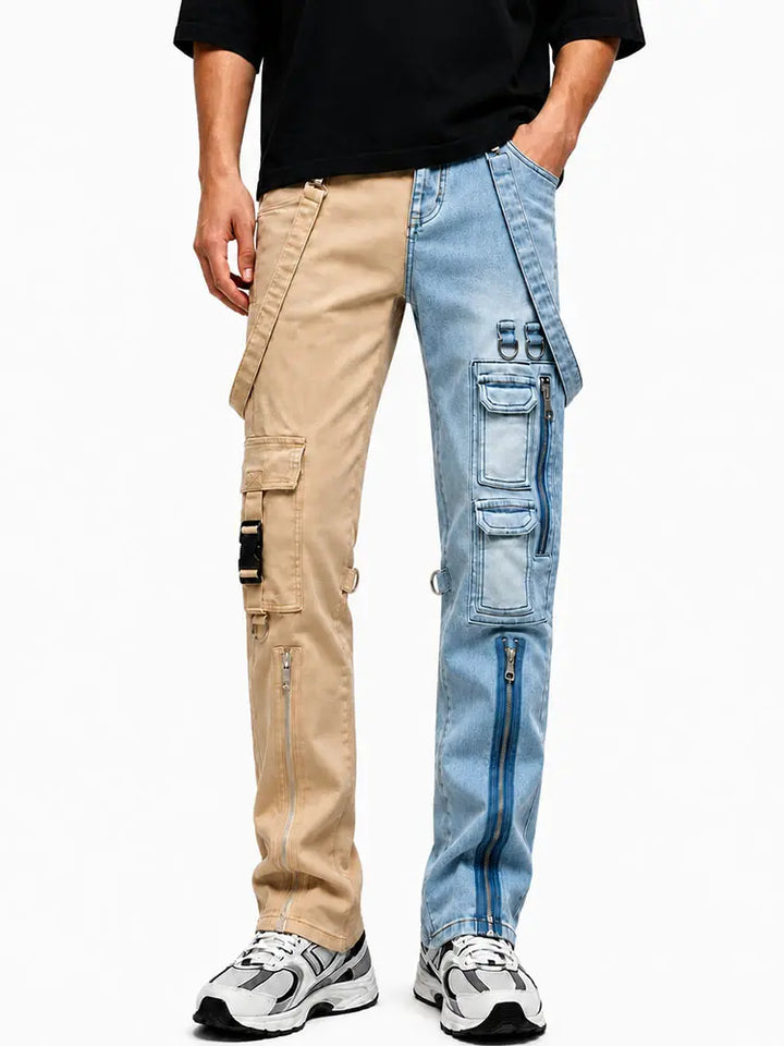 Contrast-Color Zipper Non-Stretch Jeans