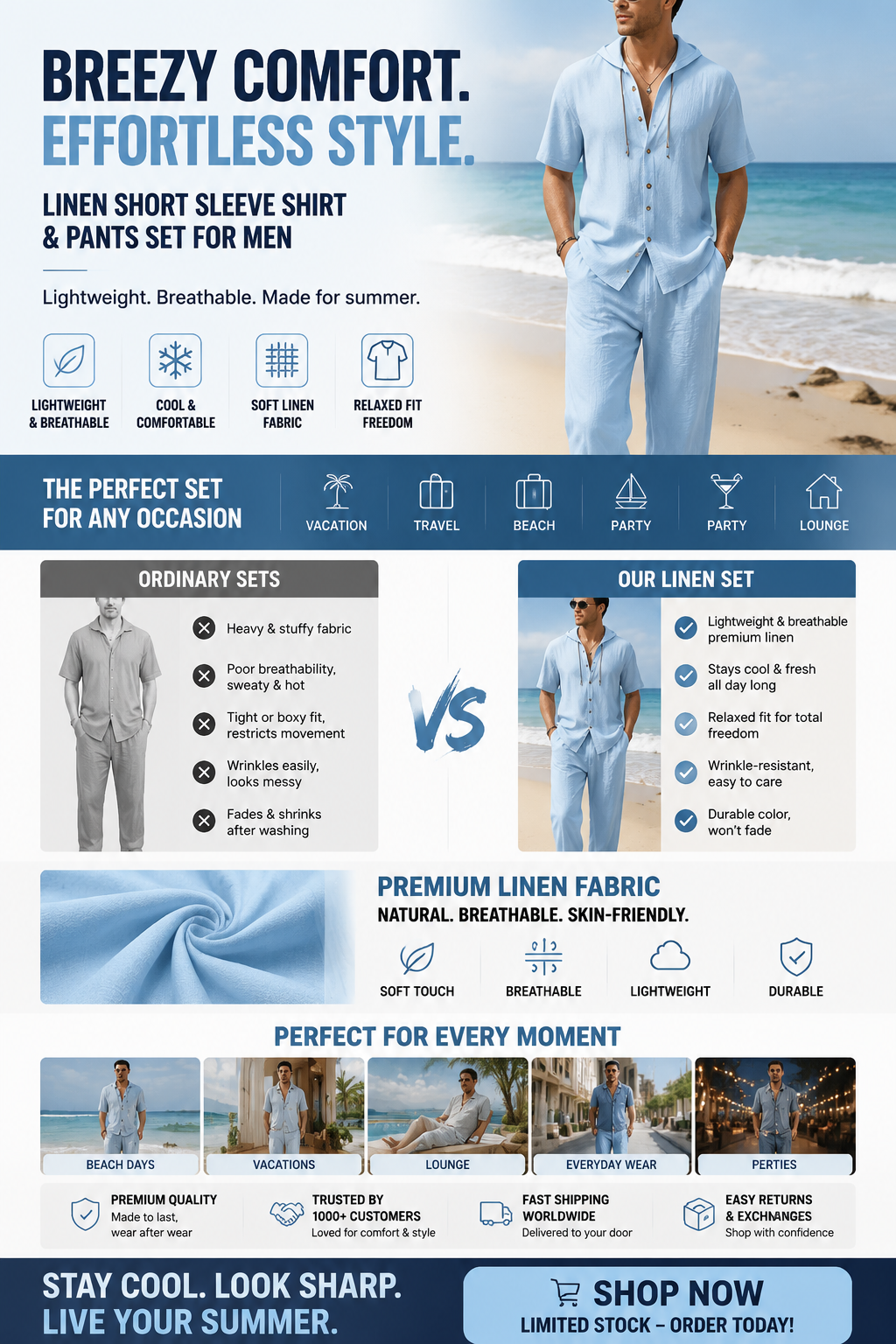 LINEN SHORT SLEEVE SHIRT&amp; PANTS SET FOR MEN