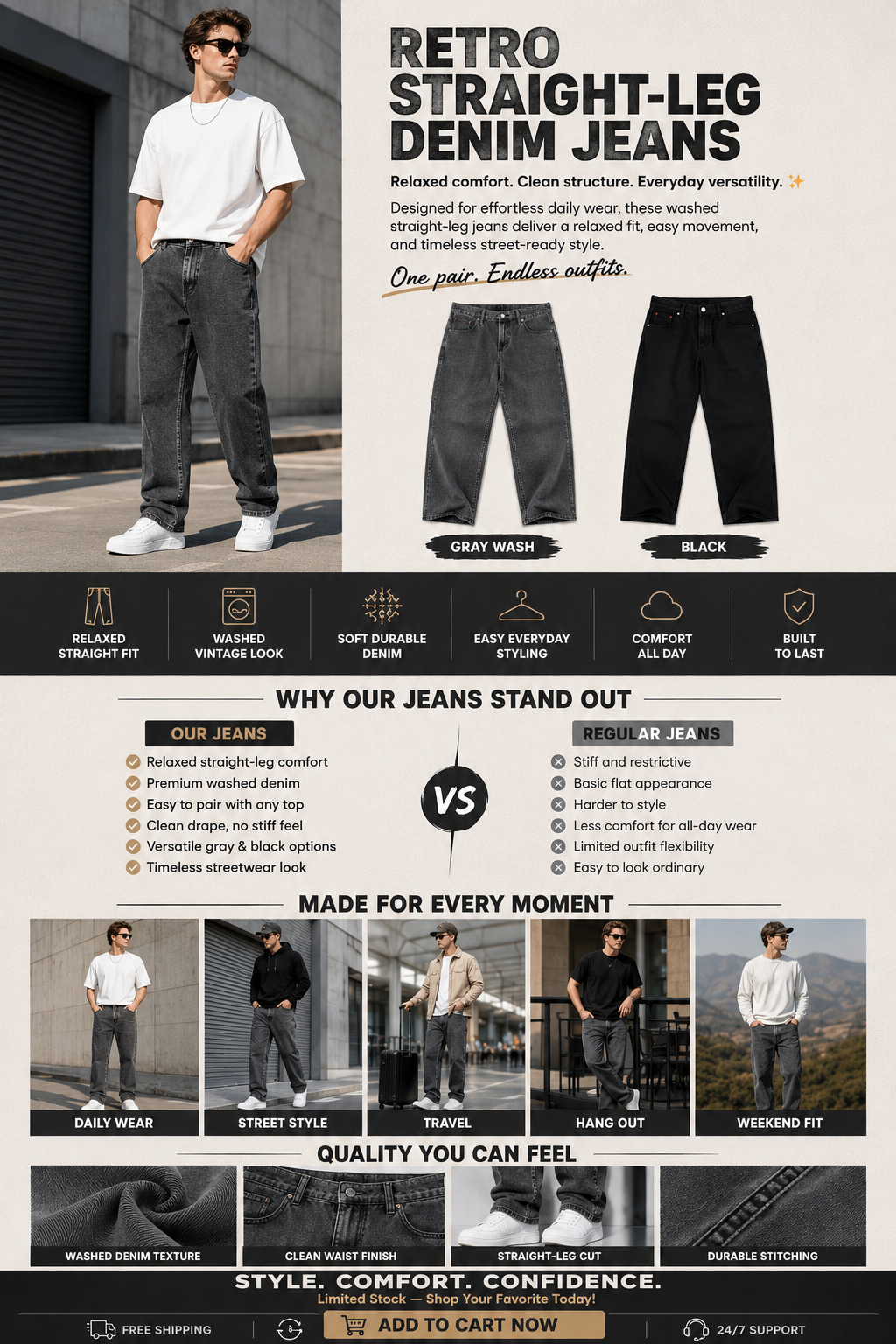 RETRO STRAIGHT-LEG DENIM JEANS