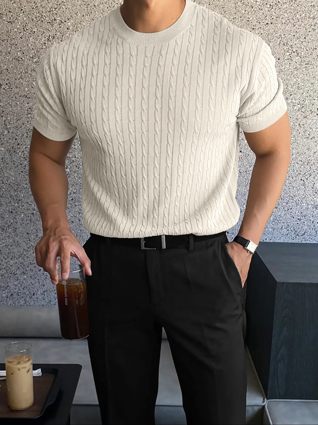 Men’s Premium Cable Knit Crew Neck T-Shirt
