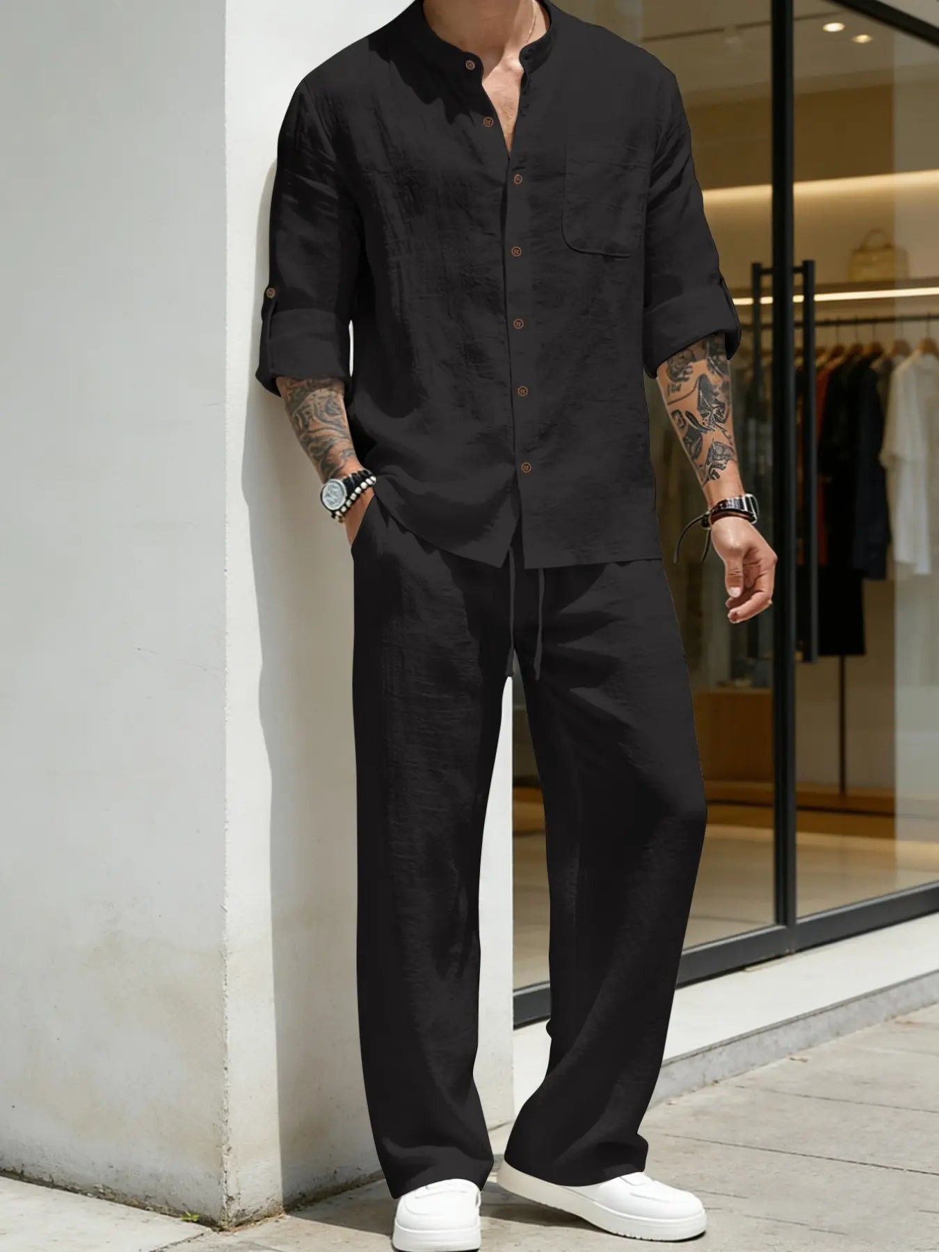 Coastal Linen Grandad Collar Shirt & Pants Set