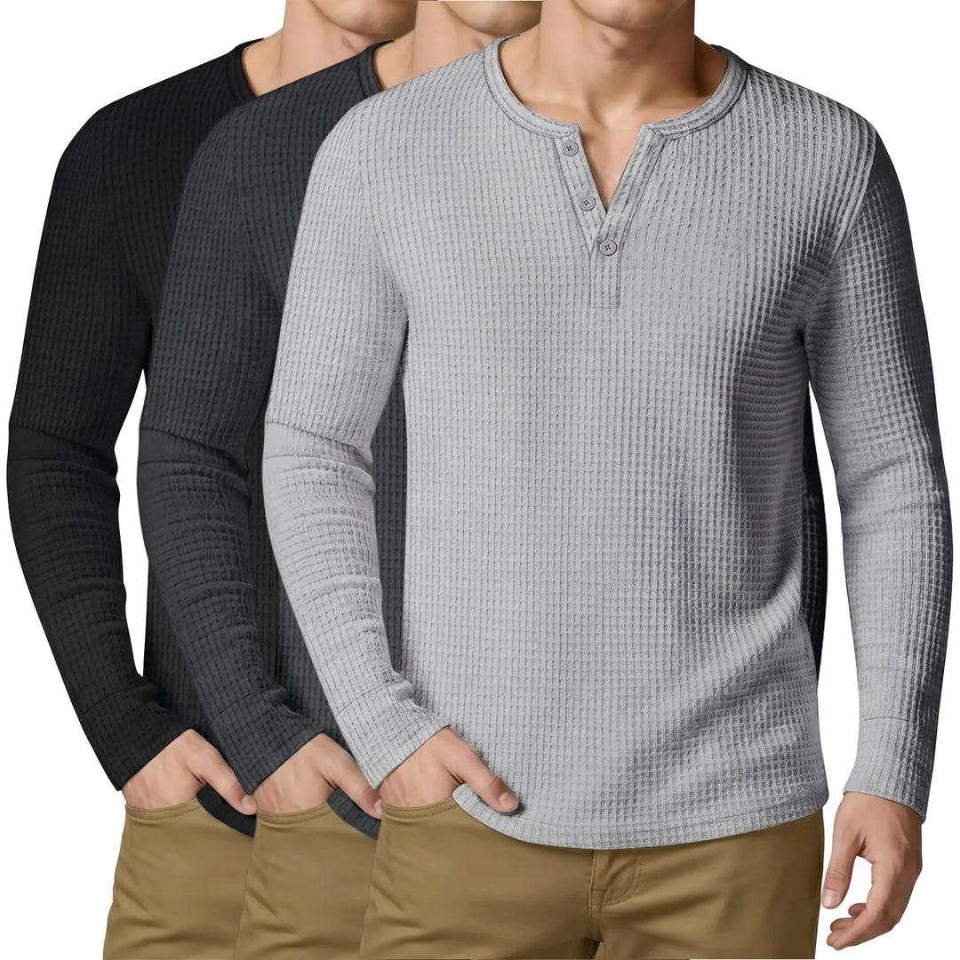 3 Pack Mens Waffle Henley Shirts