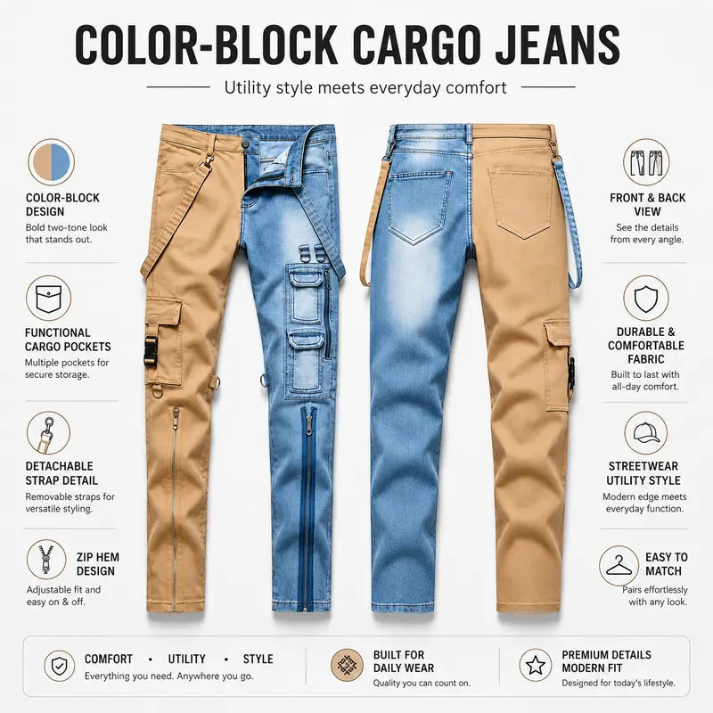 Contrast-Color Zipper Non-Stretch Jeans