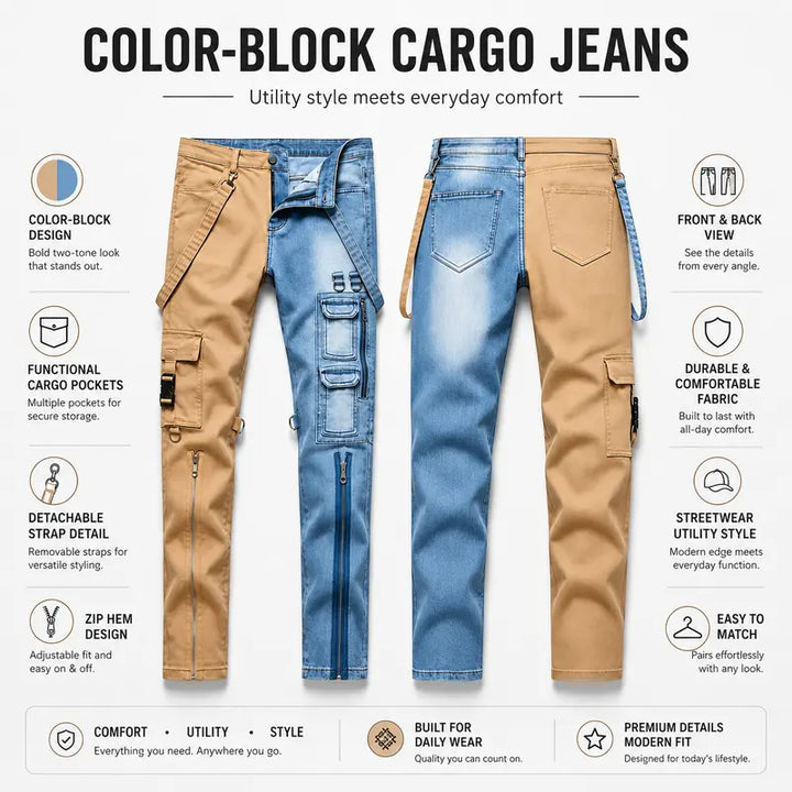 Contrast-Color Zipper Non-Stretch Jeans