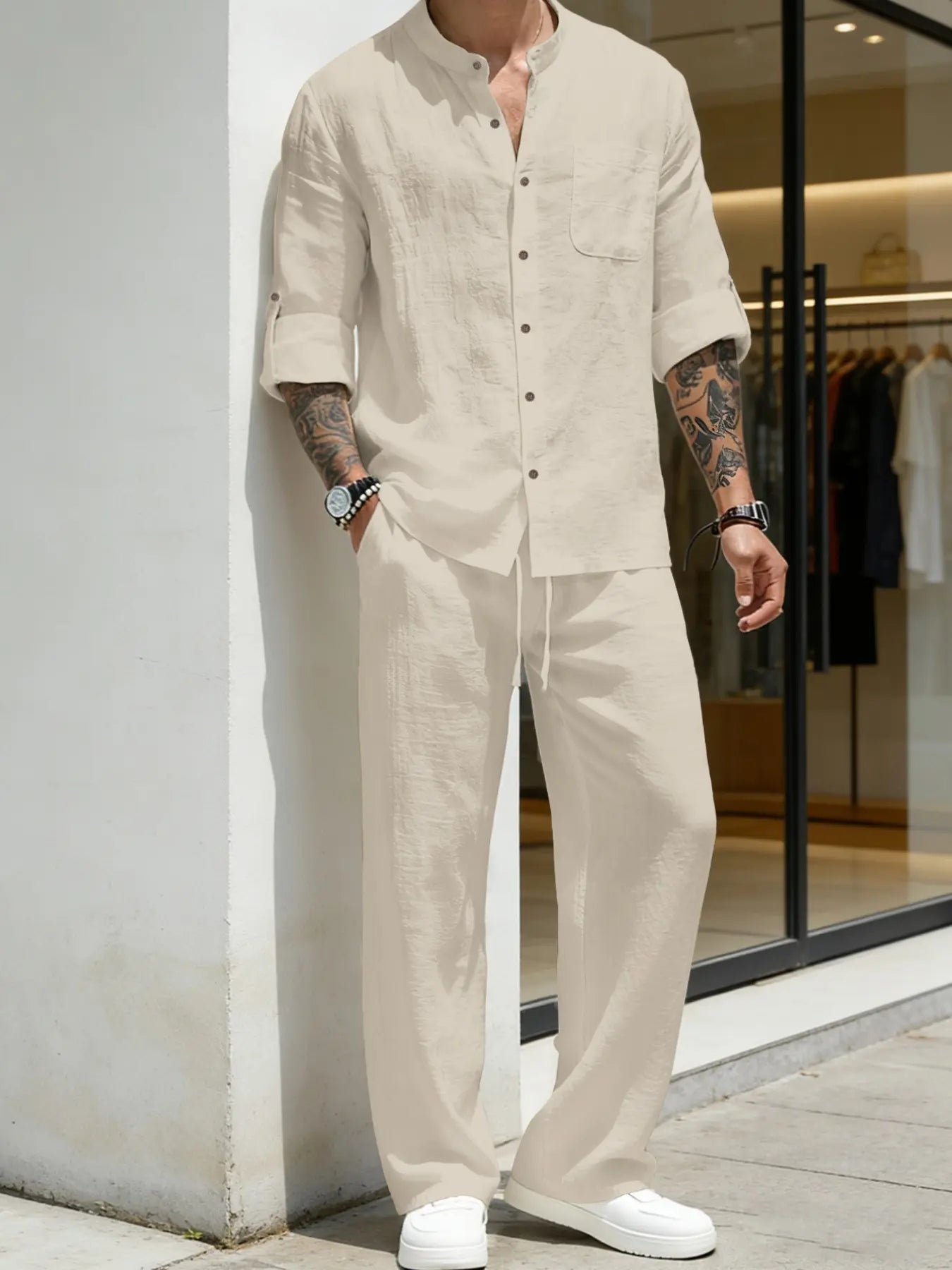 Coastal Linen Grandad Collar Shirt & Pants Set
