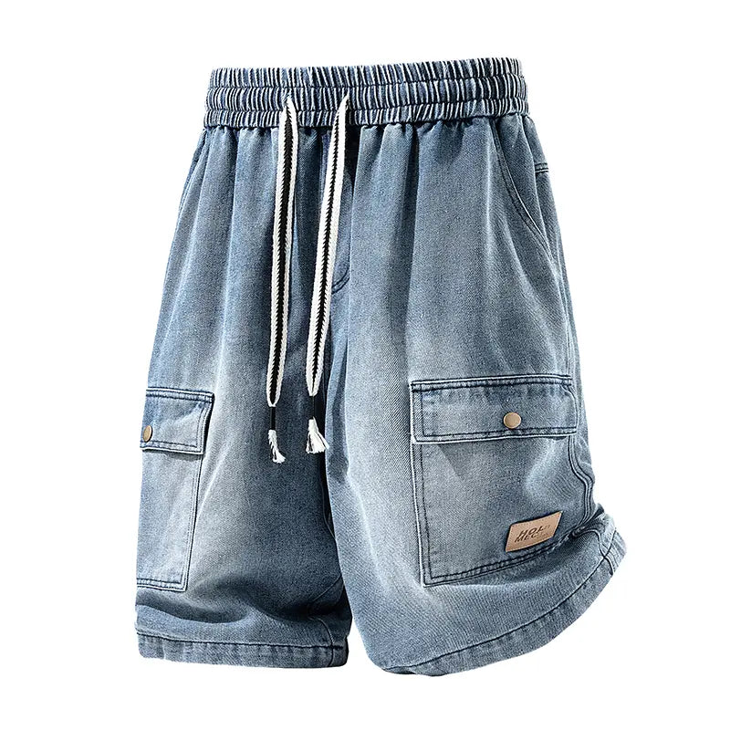 Relaxed Washed Denim Cargo Shorts