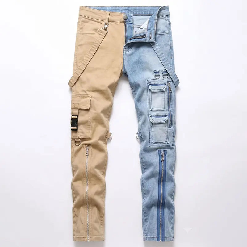 Contrast-Color Zipper Non-Stretch Jeans