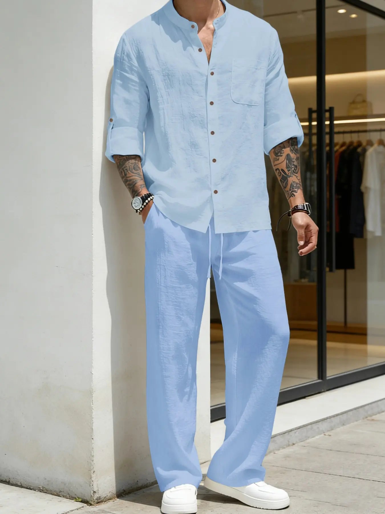 Coastal Linen Grandad Collar Shirt & Pants Set