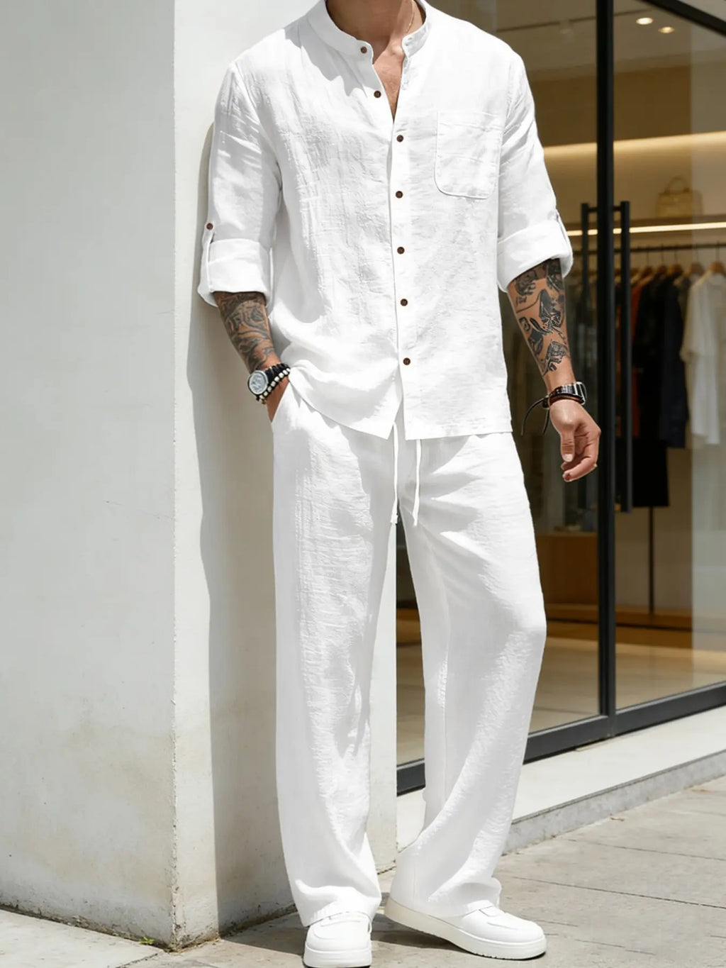 Coastal Linen Grandad Collar Shirt & Pants Set