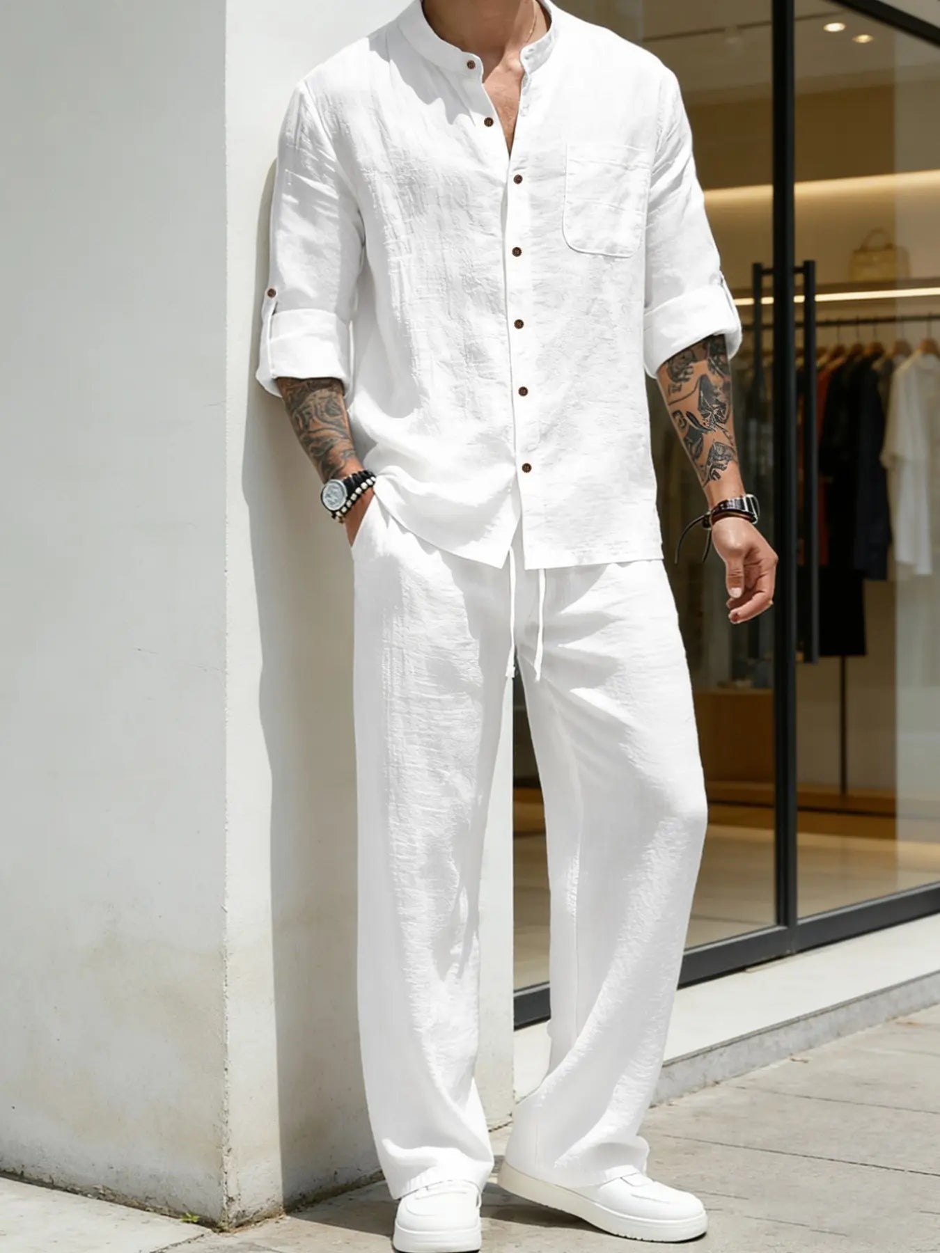 Coastal Linen Grandad Collar Shirt & Pants Set