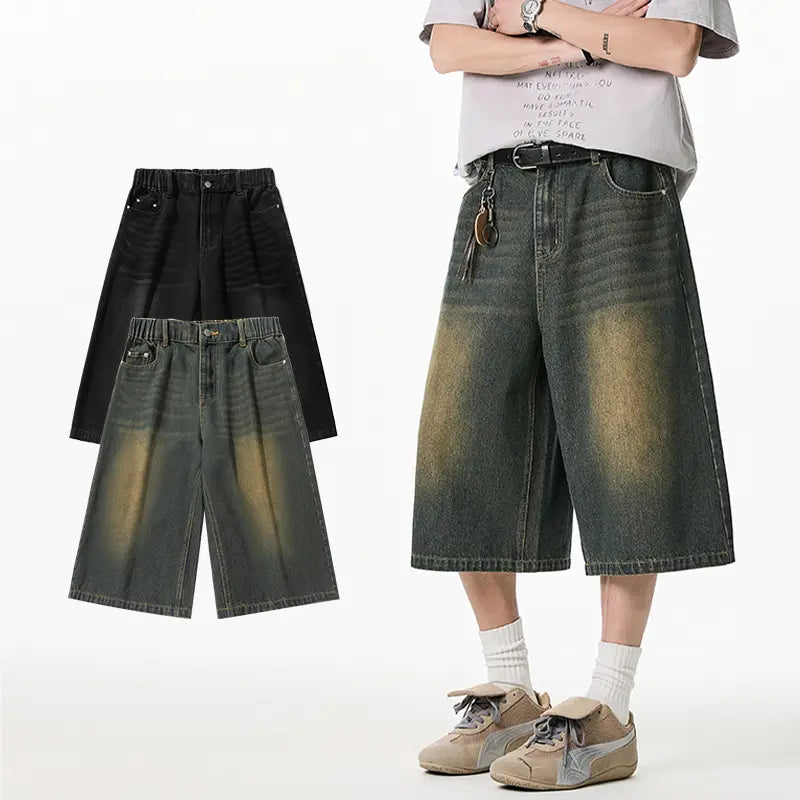 Retro Washed Wide Denim Shorts