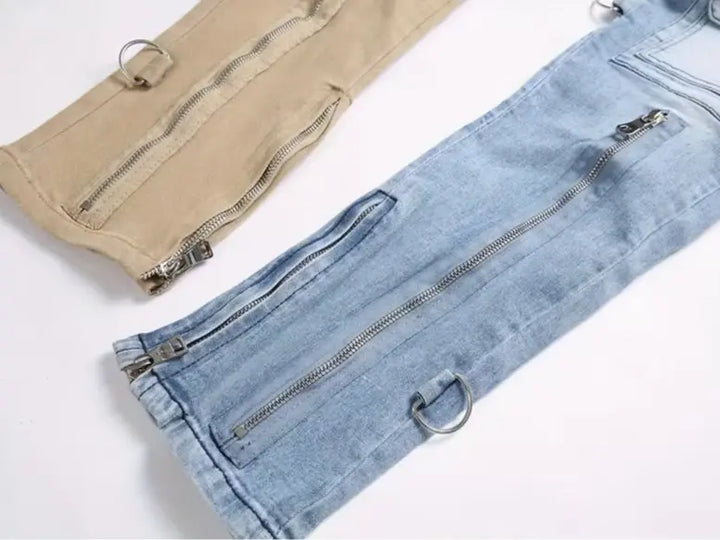 Contrast-Color Zipper Non-Stretch Jeans