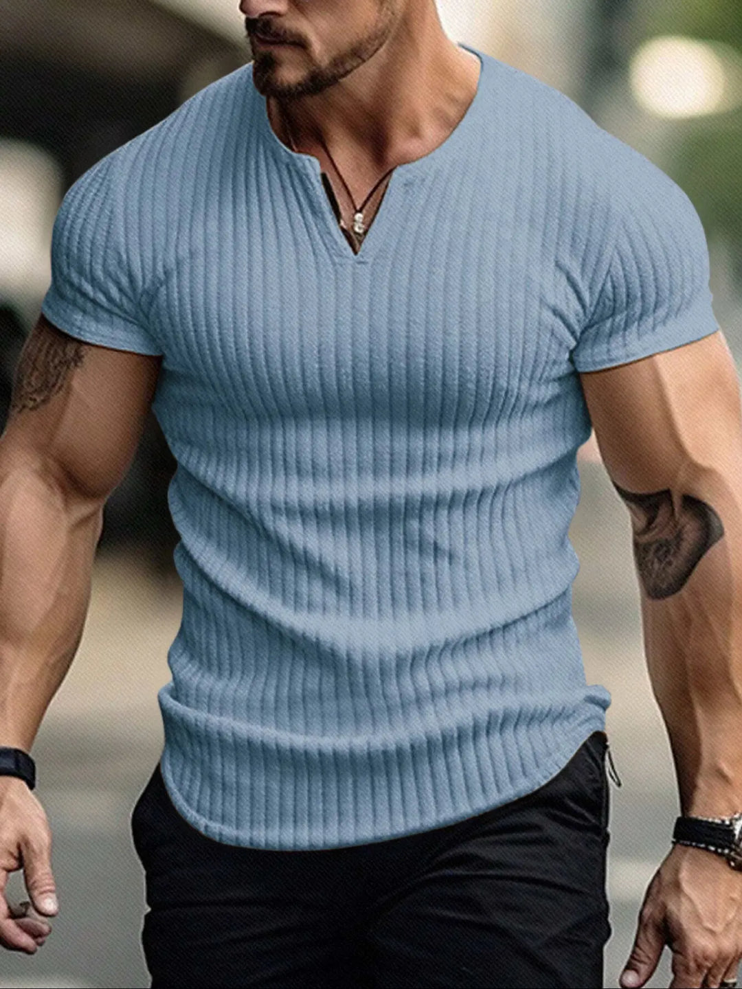 VERTICAL STRIPE V-NECK TEE