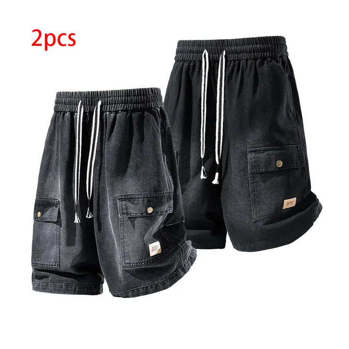 Relaxed Washed Denim Cargo Shorts