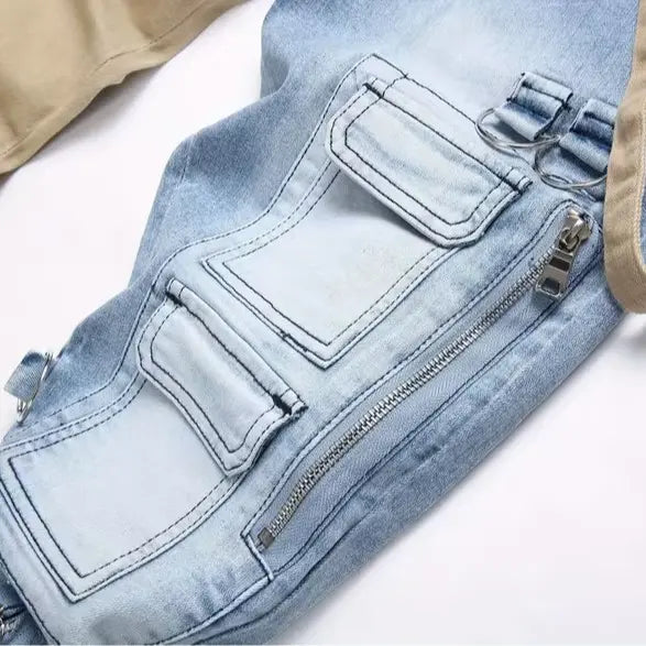 Contrast-Color Zipper Non-Stretch Jeans