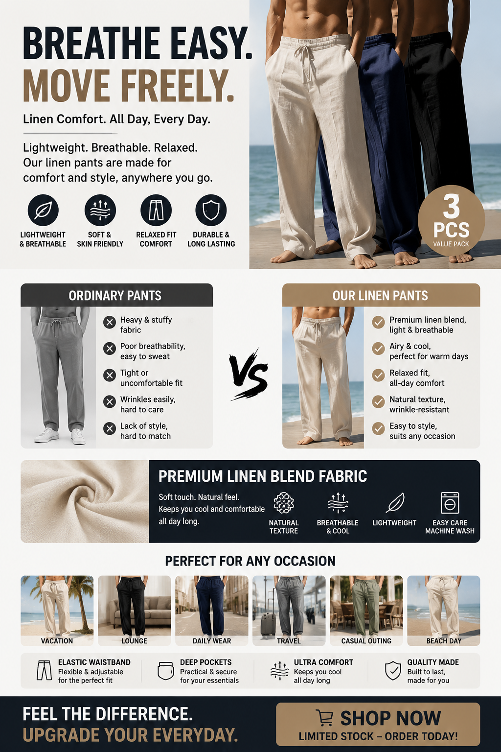 3-Pack Premium Linen Comfort Pants